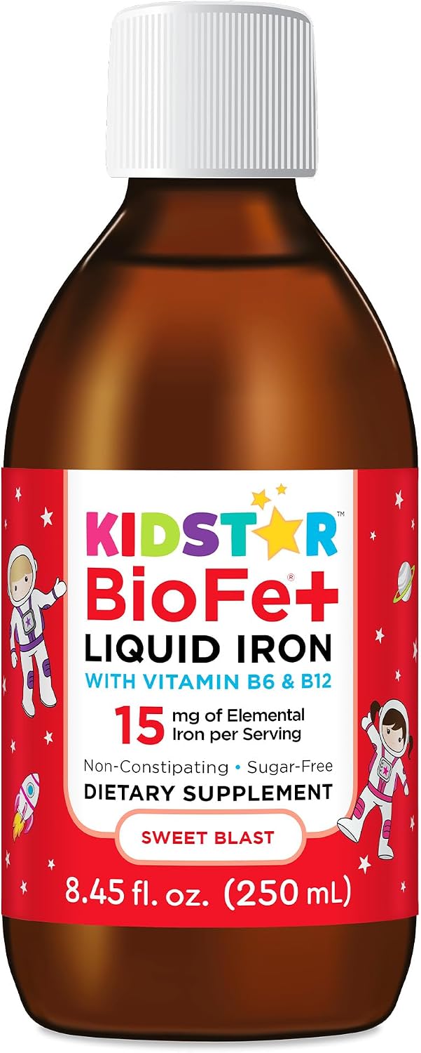 BioFe+ Iron Liquid for The Family, No Sugar, 8.45 Fl. Oz., 15mg Elemental Iron, Non-Constipating, Sweet Blast