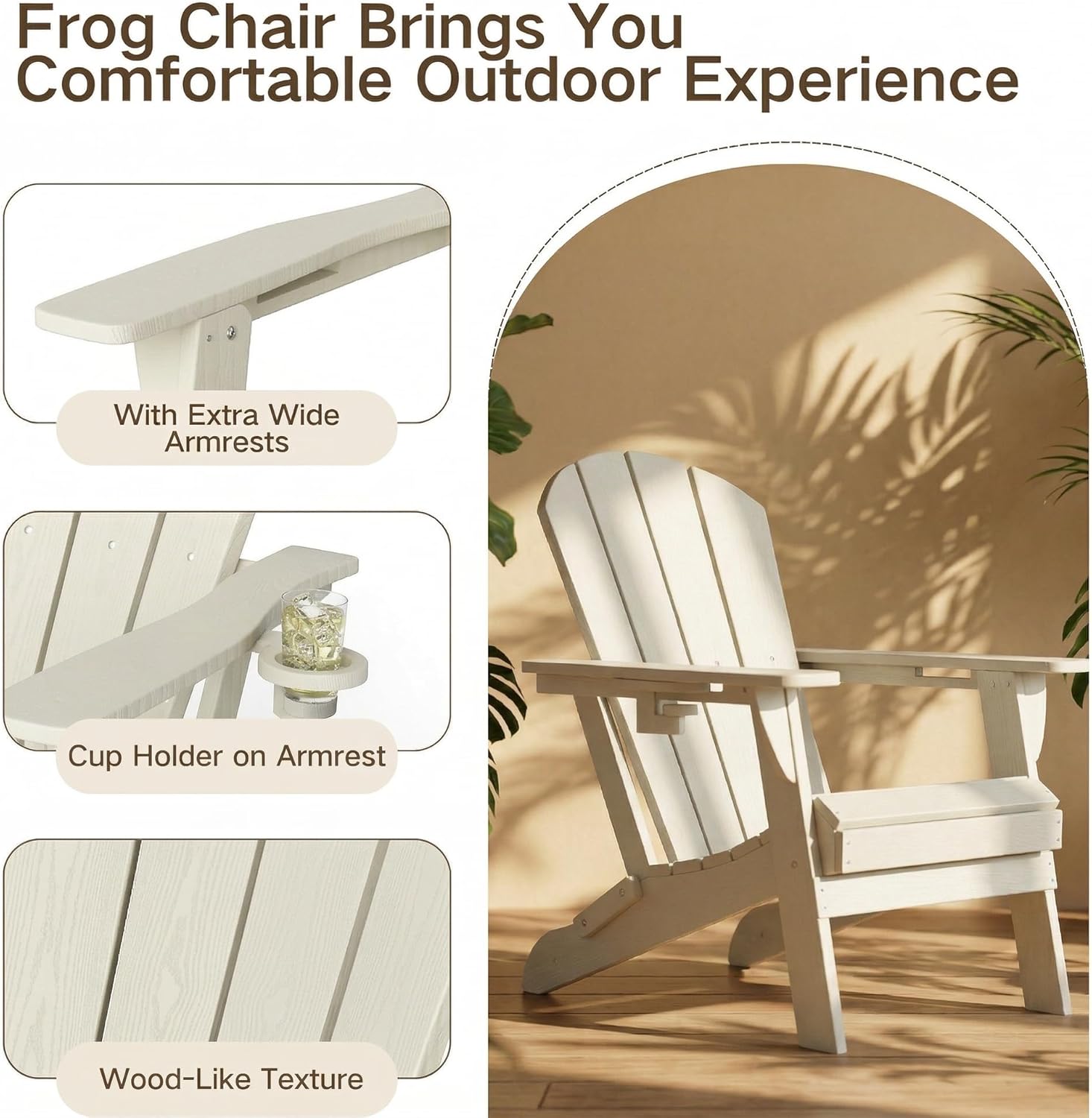 Kingdura Folding Adirondack Chairs Set of 2, Portable HDPE All Weather Resistant Outdoor Patio Chair, Wooden Textured with Cup Holder, 380LBS Capacity for Poolside, Backyard, Fire Pit (White)