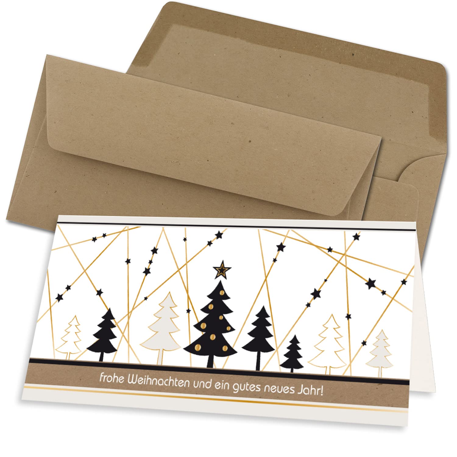 Set di 200 biglietti di Natale, formato DIN A7, colore bianco, con albero di Natale e stelle, biglietti pieghevoli con buste, DIN C7, rosso scuro