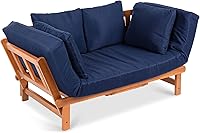 Best Choice Products Acacia Wood Convertible Outdoor Futon Sofa Bed w/ Tray Table, Weatherproof Cushions & 4 Pillows - Navy Blue Patio Furniture