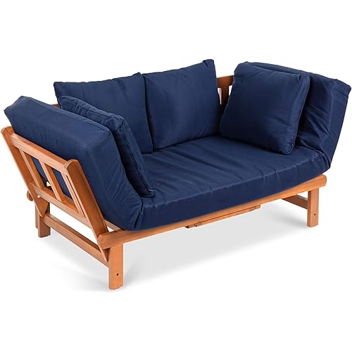 Best Choice Products Outdoor Convertible Acacia Wood Futon Sofa Furniture for Patio, Balcony, Poolside, Backyard w/Pullout Tray, Removable Weather-Resistant Cushion & 4 Pillows - Navy Blue