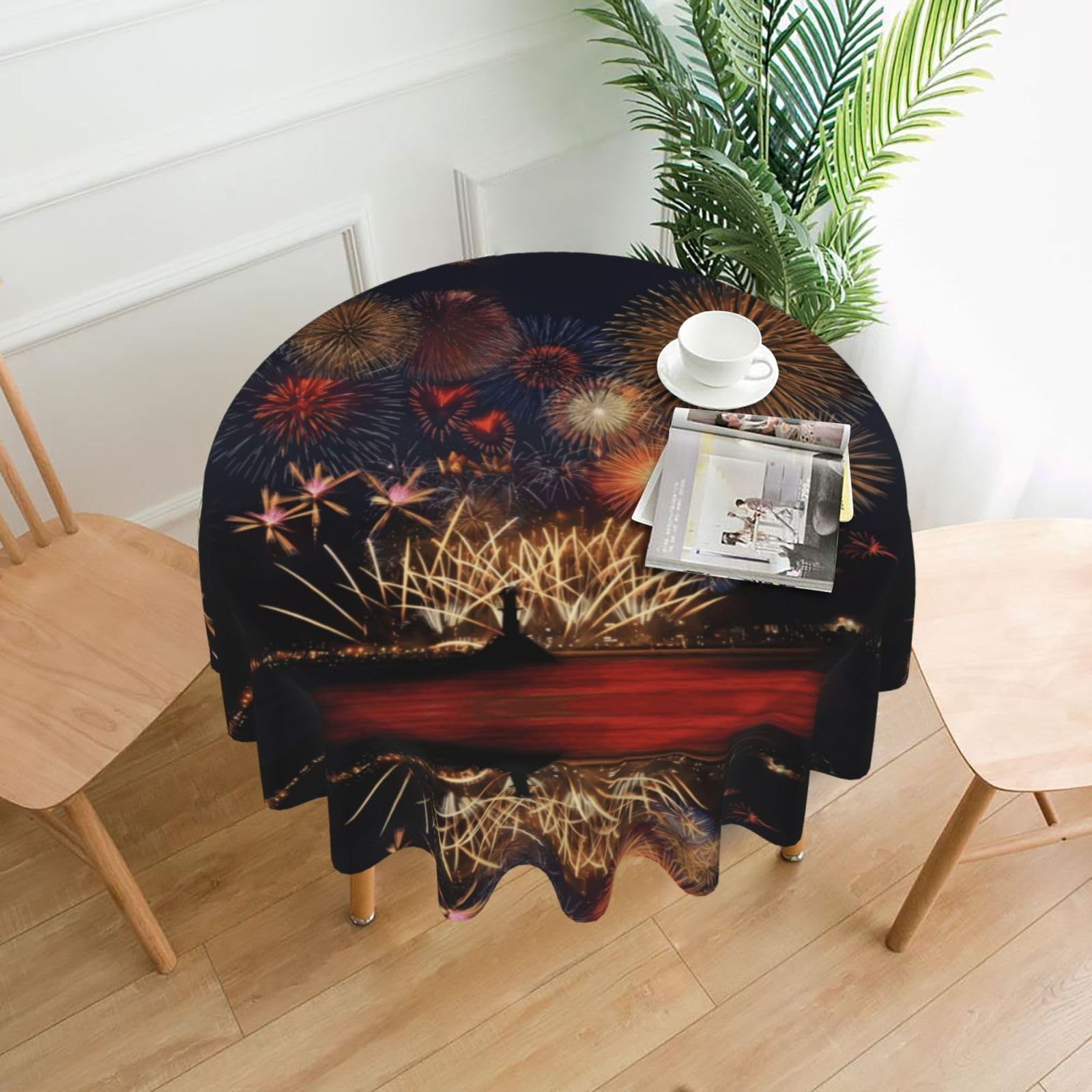YYHWHJDE Fireworks Prints Round Decorative Tablecloth 60in - High-Grade Polyester Throw for Elegant Dining & Festive Gatherings