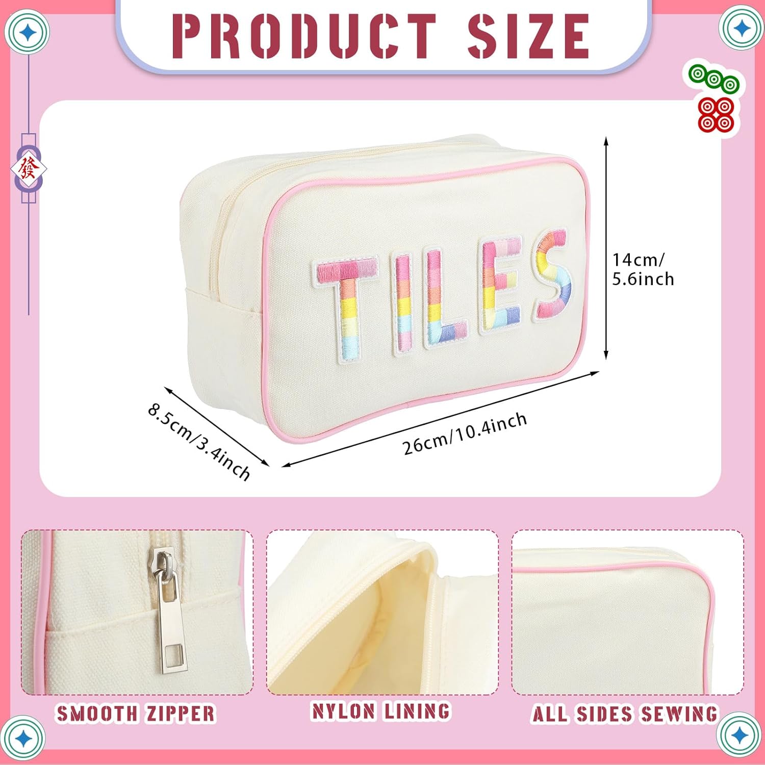 Empty Mahjong Bag Thickened American Mahjong Tiles Bag with Zipper Storage Pouch for Board Game Pieces Game Party Travel Gatherings Accessories, 10.4''x5.6'', Case Only(Tiles,Rainbow) Tiles Rainbow