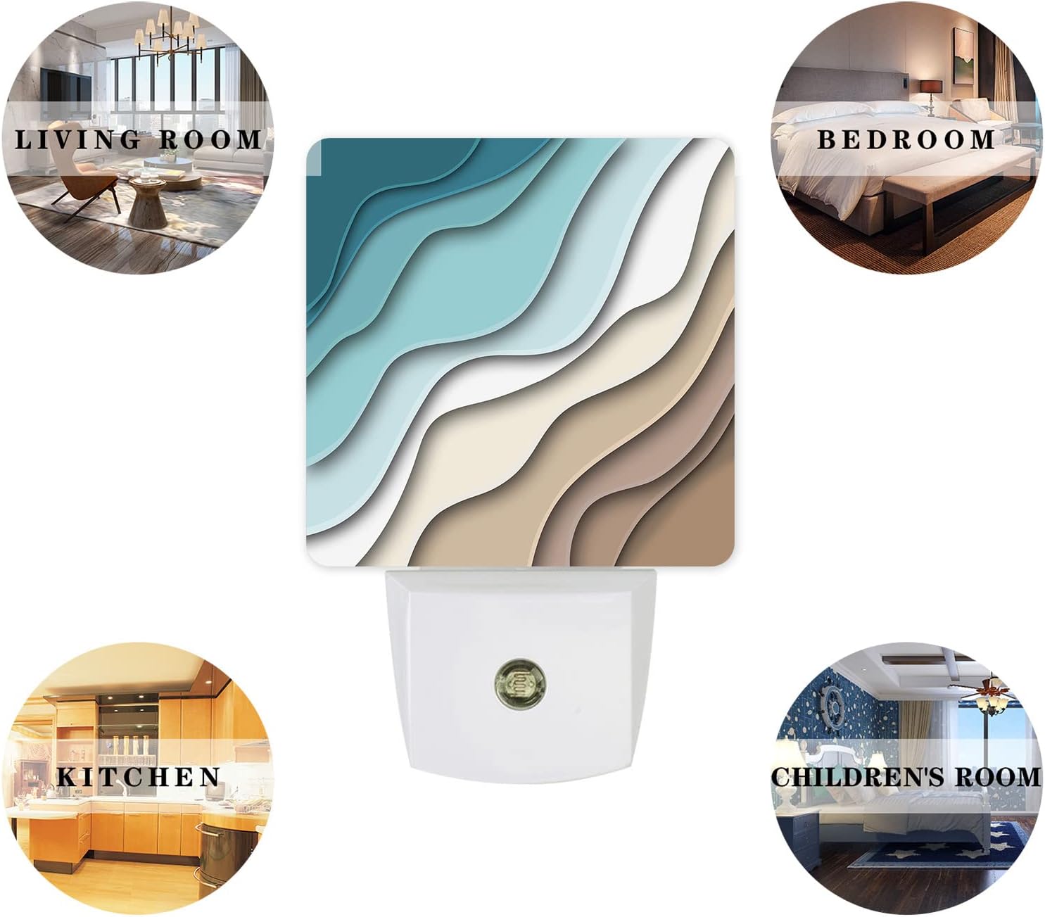 Plug-in LED Night Light Lamp Sensor Abstract Geometric Teal Brown Gradient Waves Beach Automatic Dimmable Dusk-to-Dawn Square Shaped Smart Night Lights for Nursery/Bathroom/Bedroom