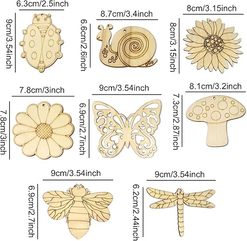 Miniatura 2 de Honbay 40 piezas de recortes de madera de primavera sin terminar de madera, mariposa, girasol, escarabajo, flor, libélula hongo, abeja, caracol,