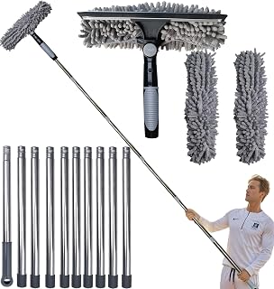 20+ft Squeegee Window Cleaner Duster 2 in 1 Rotatable Window Cleaning Tool Kit with 3-14 ft Extension Pole - Window Cleaning Tool & Window Washer Squeegee for Home Indoor Outdoor Window Washing, Gray