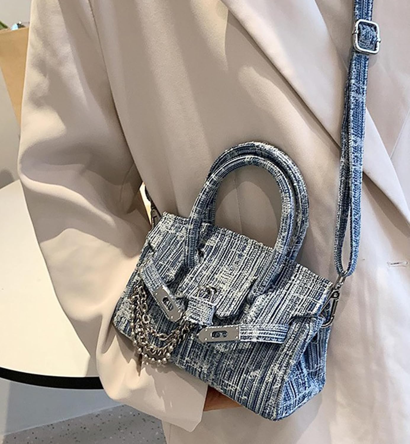 Women's Denim Tote Bag Top Handle Jean Purses Casual Work Satchel Purse Lock Buckle Shoulder Handbags