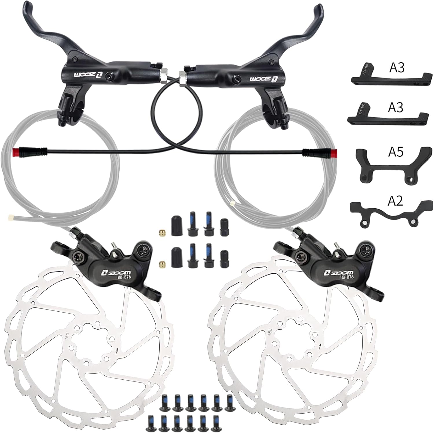 Zoom HB876E Hydraulic Disc Brakes Set 4-Pistons E-Bike Electric Power-OffHydraulic Brake Set with 180mm Rotors, Adapter Fit EBike Fat Bike Bicycle for Mountain Bike, Road Bike (Red)
