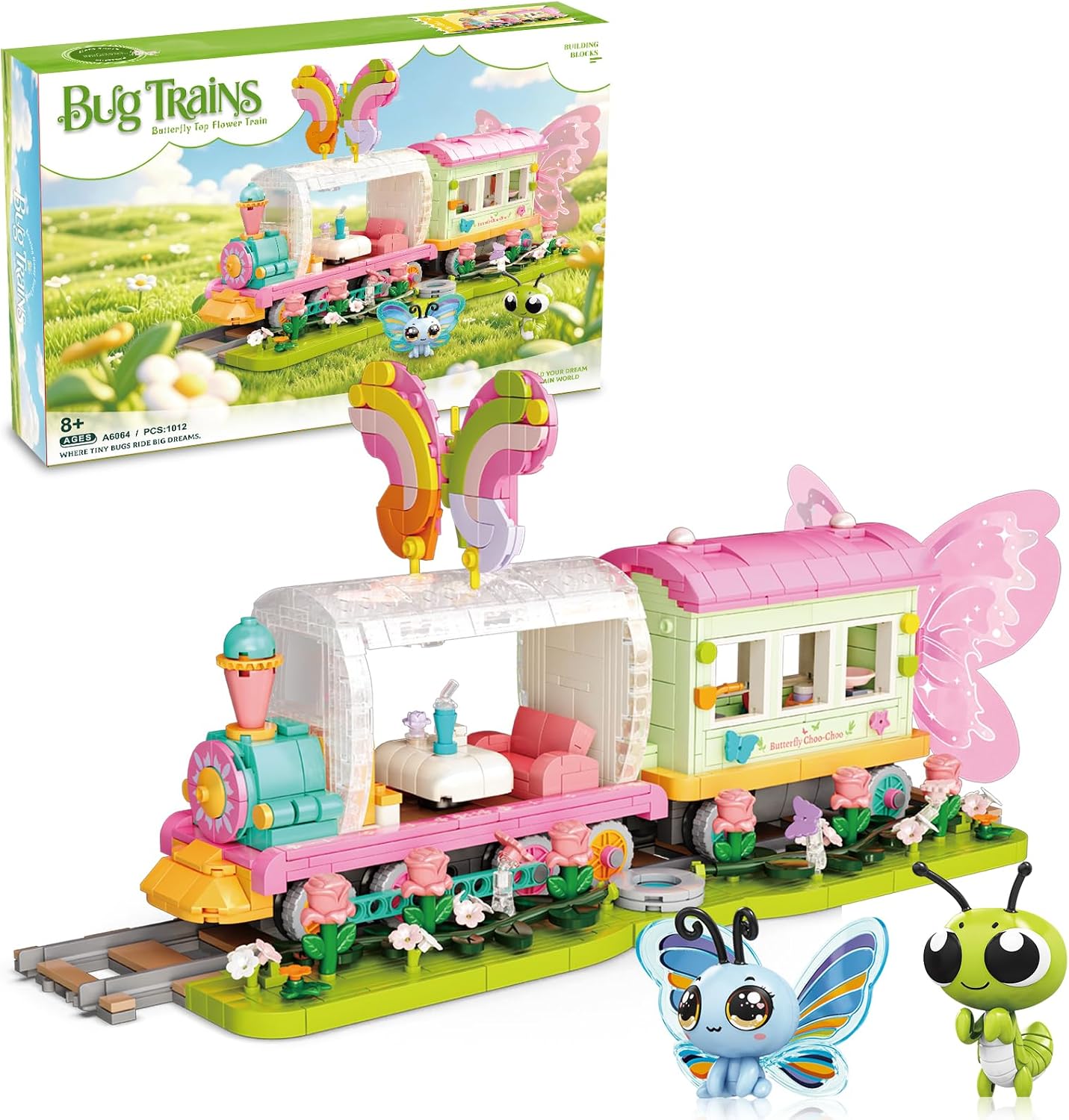 KAZI Bug Train Building Blocks Set with Tracks,Insects Figures,Rose Flowers & Street View,Insect Theme Train Model Toys,Creative STEＭ Learning Trains Kit for Kids Age 8-12,Christmas Birthday Gifts