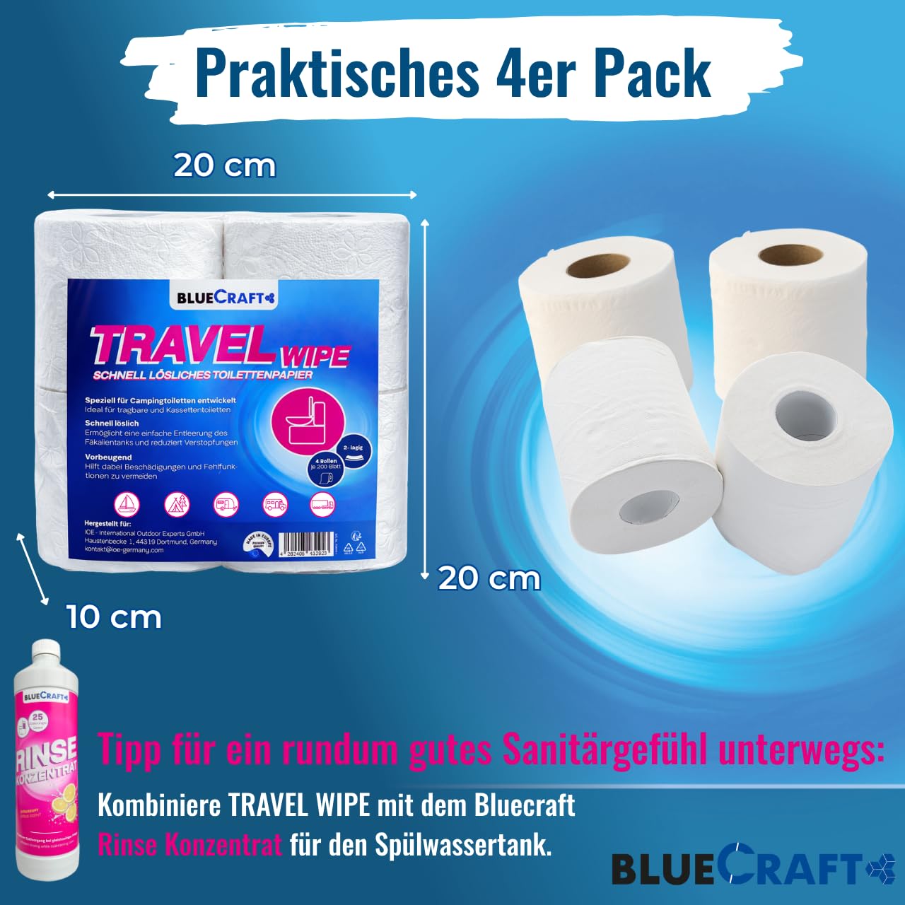 Bluecraft Lot de 12 rouleaux de papier toilette auto-dissolvant, pour camping, camping-car, caravane, bateau - 2 couches - Pour toilettes de camping, toilettes chimiques - Sans obstruction et à