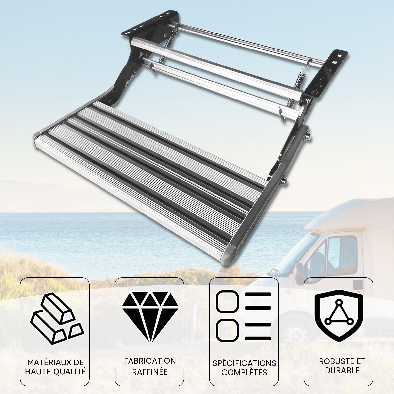 JAOGAUS Marchepied Manuel pour Camping Car, Escalier Rétractable à 2 Marches, Antidérapant, Alliage d'Aluminium & Acier au Carbone, Haute Capacité, Marche RV Manuelle pour Van, Caravane, Camping-Car