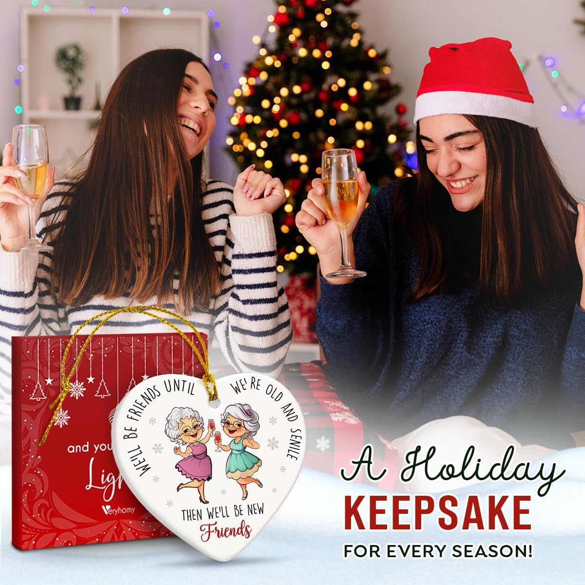 Funny Friend Christmas Ornaments for Women - Friends Ornaments 2025, Friendship Gifts for Female, BFFs, Besties, Soul Sisters - We'll Be Friends Until We're Old and Senile Ceramic Hanging Decor - Image 6