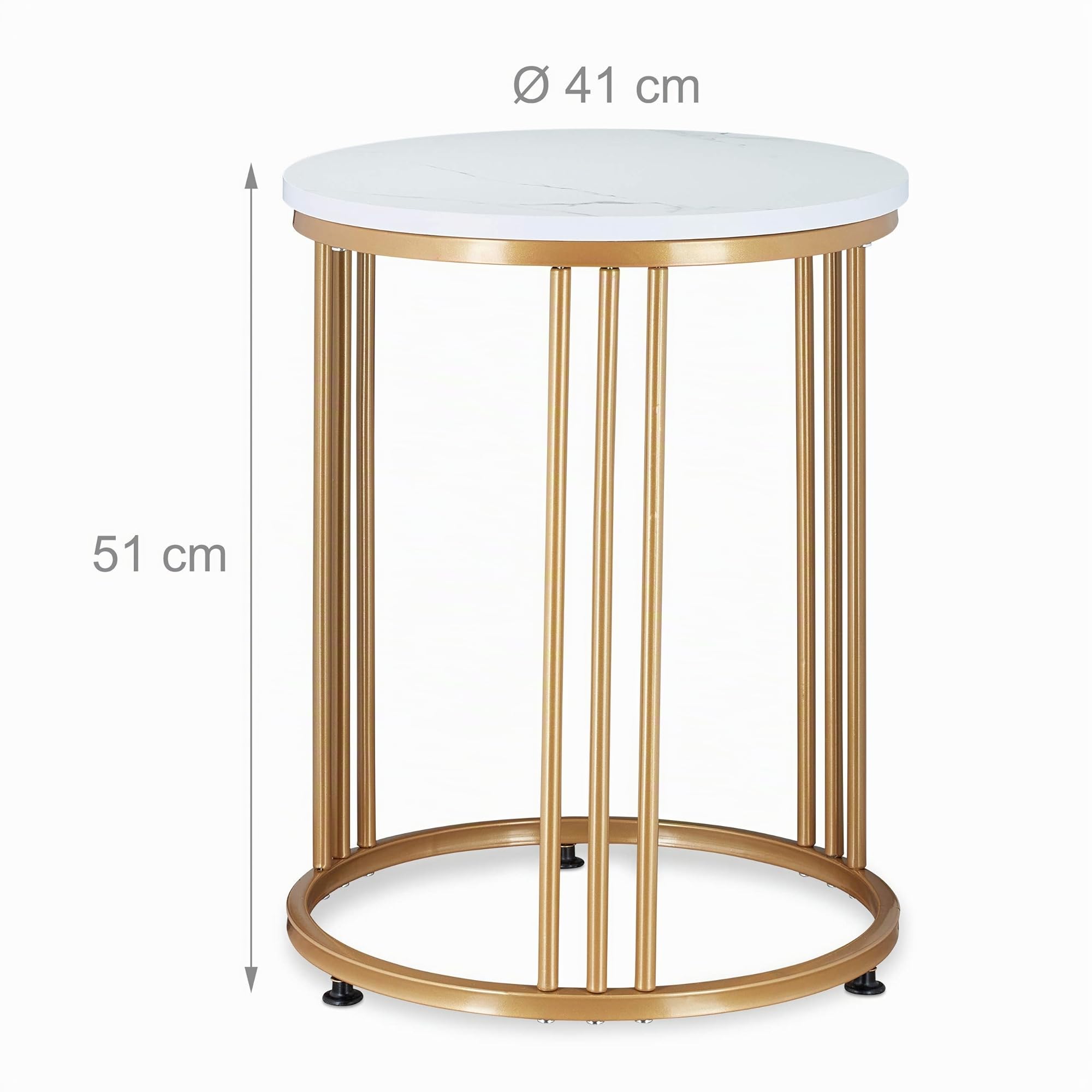 Relaxdays Mesa Auxiliar MARMO, Mesita Salón, Metal y MDF, Tablero Redondo, Efecto Mármol, 51 x 41 cm, Blanco y Dorado