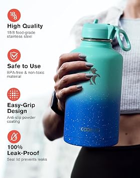 Coolflask Water Bottle 2L Insulated with Straw & 3 Leakproof Lids