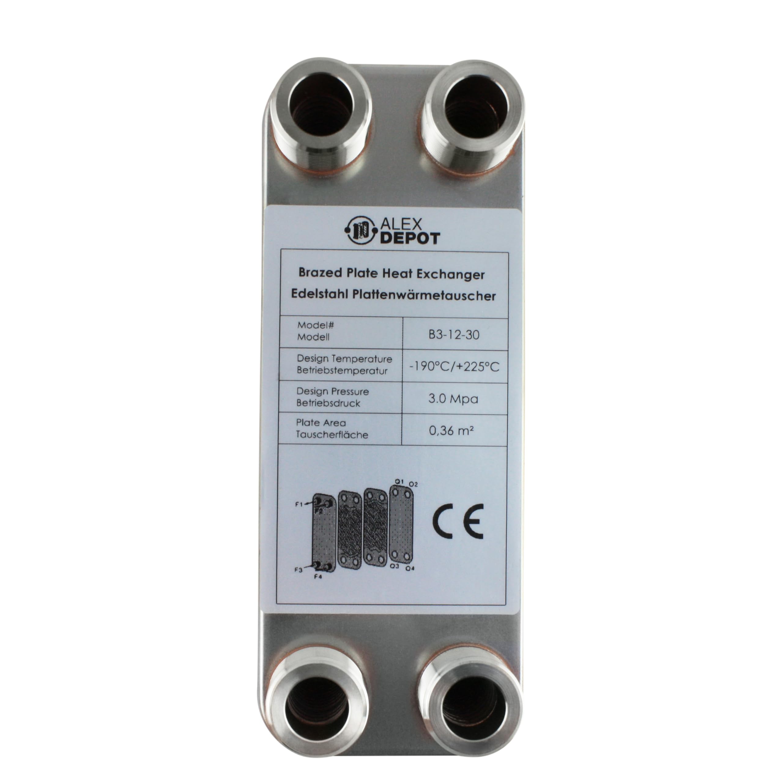 Intercambiador de placa de acero inoxidable B3-12-30 con conector de 4 x 3/4 pulgadas. Calefacción solar de 65 kW (PWT)