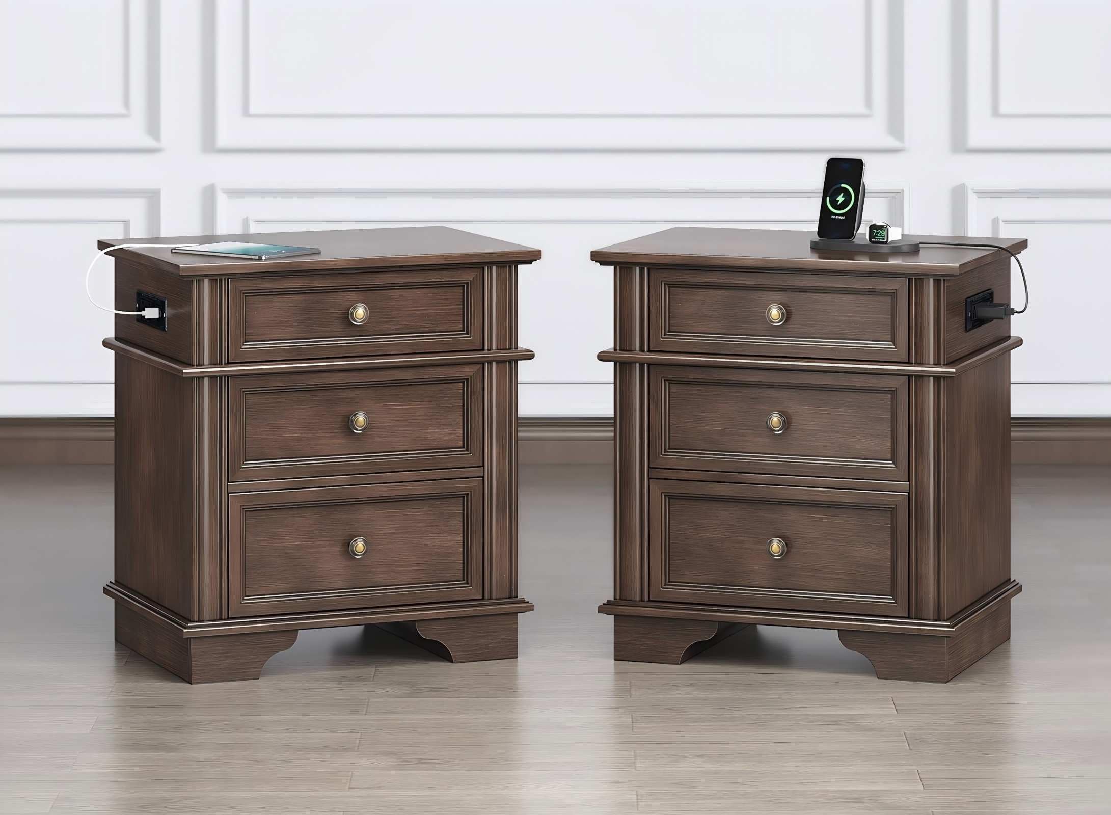 VINGLI Brown Nightstand Set of 2, Night Stand with Charger Station, Wood Nightstand with Textured Drawers, Large 3 Drawer Nightstands Bedroom, Bedside Table, Side Table