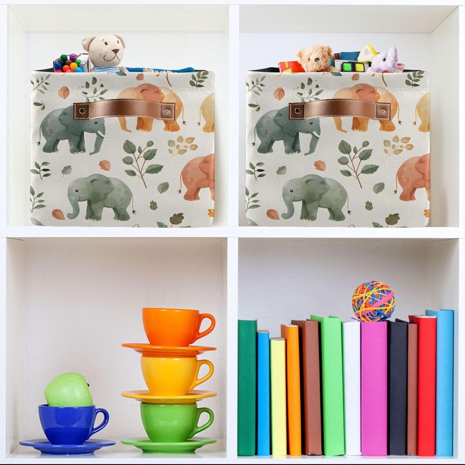 Foldable Storage Basket with Handles Elephants and Plants Fabric Kitchen Baskets Open Home Storage Bins Boxes Organizer Bag for Baby Cloth Pet Toy Book Shelf Closet Baskets 2 Pcs