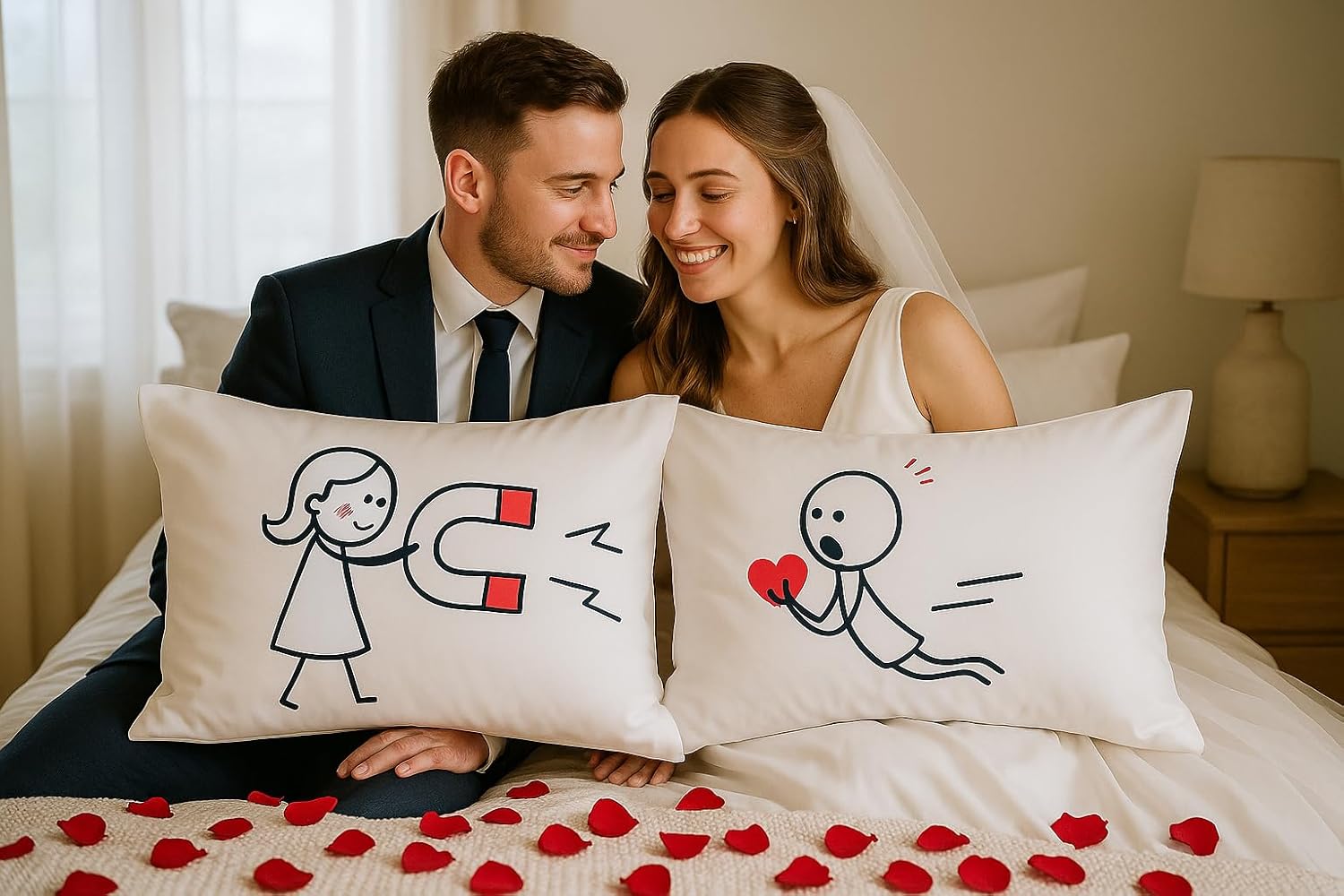 Couple Pillowcases Set of 2 – You’re My Magnet Satin Pillow Covers with Heart Design, Romantic Bedding Gift for Couples, Wedding Honeymoon Anniversary Decor, Fits 27 x 18 Inch Pillows