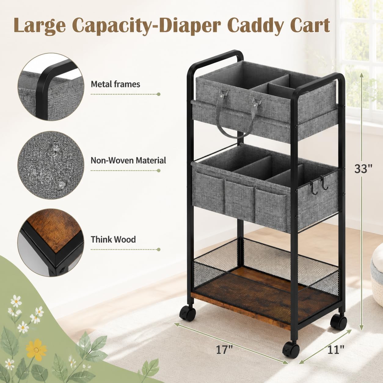 2In1 Baby Diaper Caddy, 3-Tier Rolling Diaper Cart Organizer, with Dividers Mobile Metal Utility Cart, for Nursery Essentials Detachable Bedside Cart Large Capacity