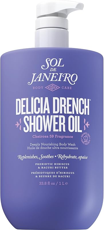 Delicia Drench Shower Oil | Women's Oil-To-Foam, Nourishing Body Wash, Replenishing, Soothing Doubles as Shaving Cream, Mood Boosting Sandalwood Scent