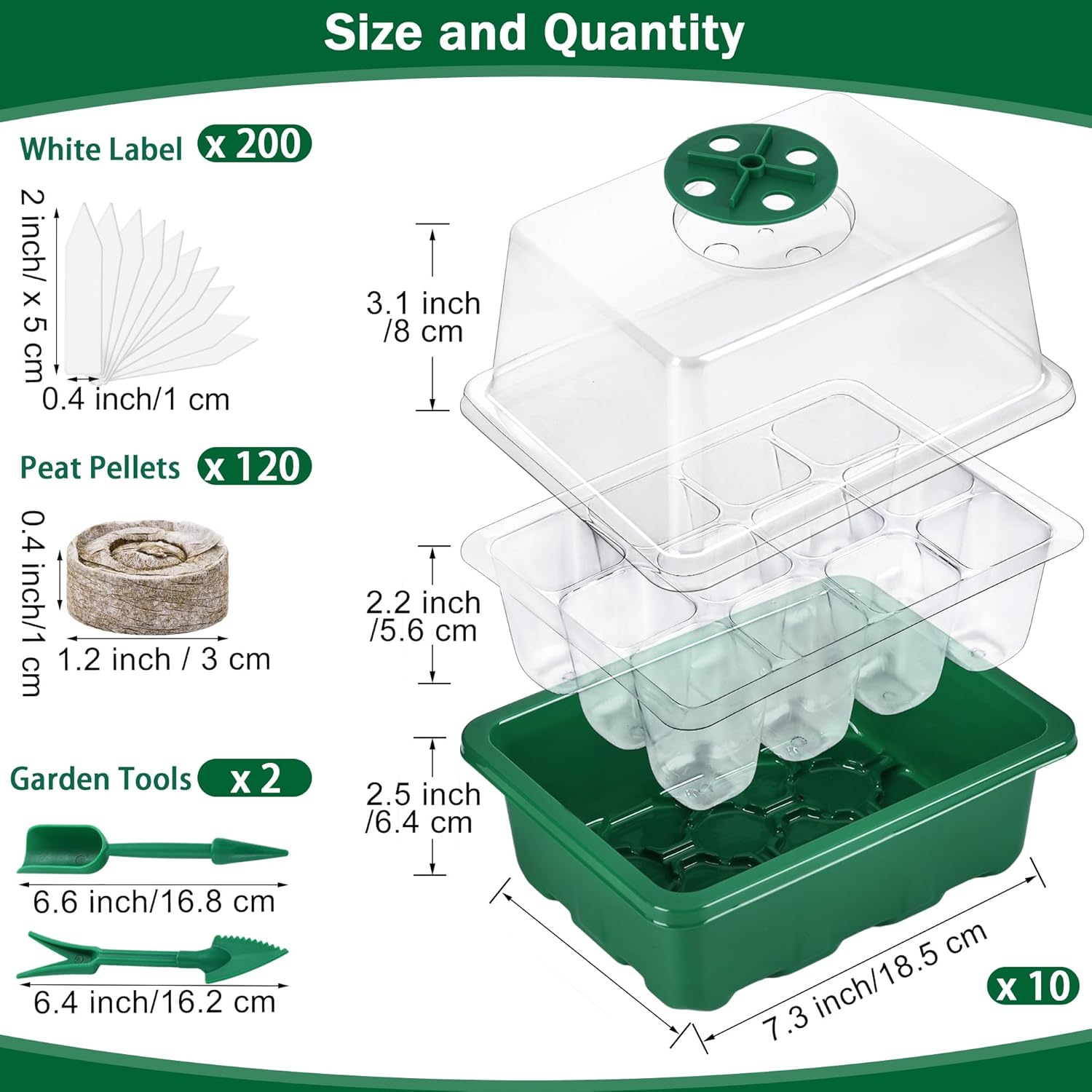 Hahood 10 Sets Seed Starter Tray Kit Seed Starter Trays with Humidity Dome and Base Include 120 Peat Pellets 200 Plant Labels Garden Tools Plant Germination Tray Set for Indoor Outdoor Planting, Green
