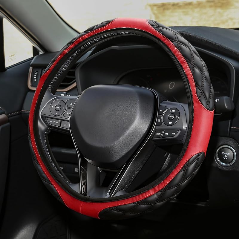 Capa para Volante Automotivo em Couro com Revestimento Antiderrapante, Padrão Diamante Vermelho, 38 cm, Lxsloet