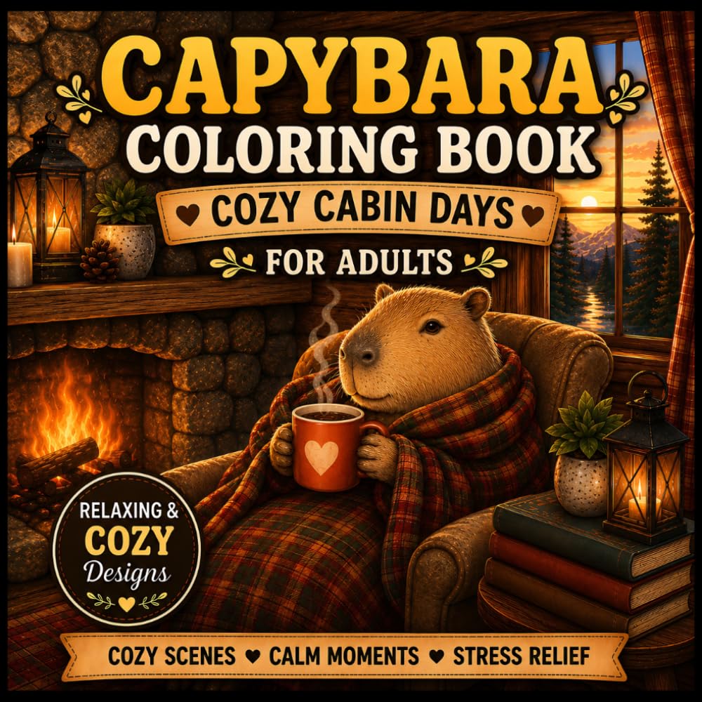 Capybara Coloring Book for Adults: Cozy Cabin Scenes & Peaceful Nature - Cute Capybara Art with Cottagecore Hygge Aesthetic