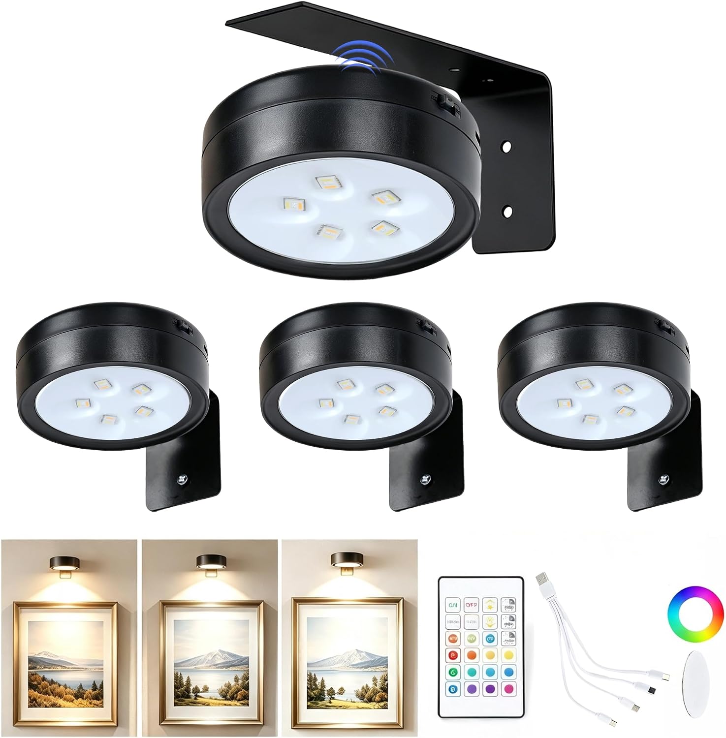 4 Pack Picture Lights for Wall, Rechargeable Magnetic Art Display Lights | 2200mAh Battery, 3 CCT & 12 RGB, Dimmable & Timer, Decor LED Light for Painting, Photo Frame, Gallery & Wall Decor