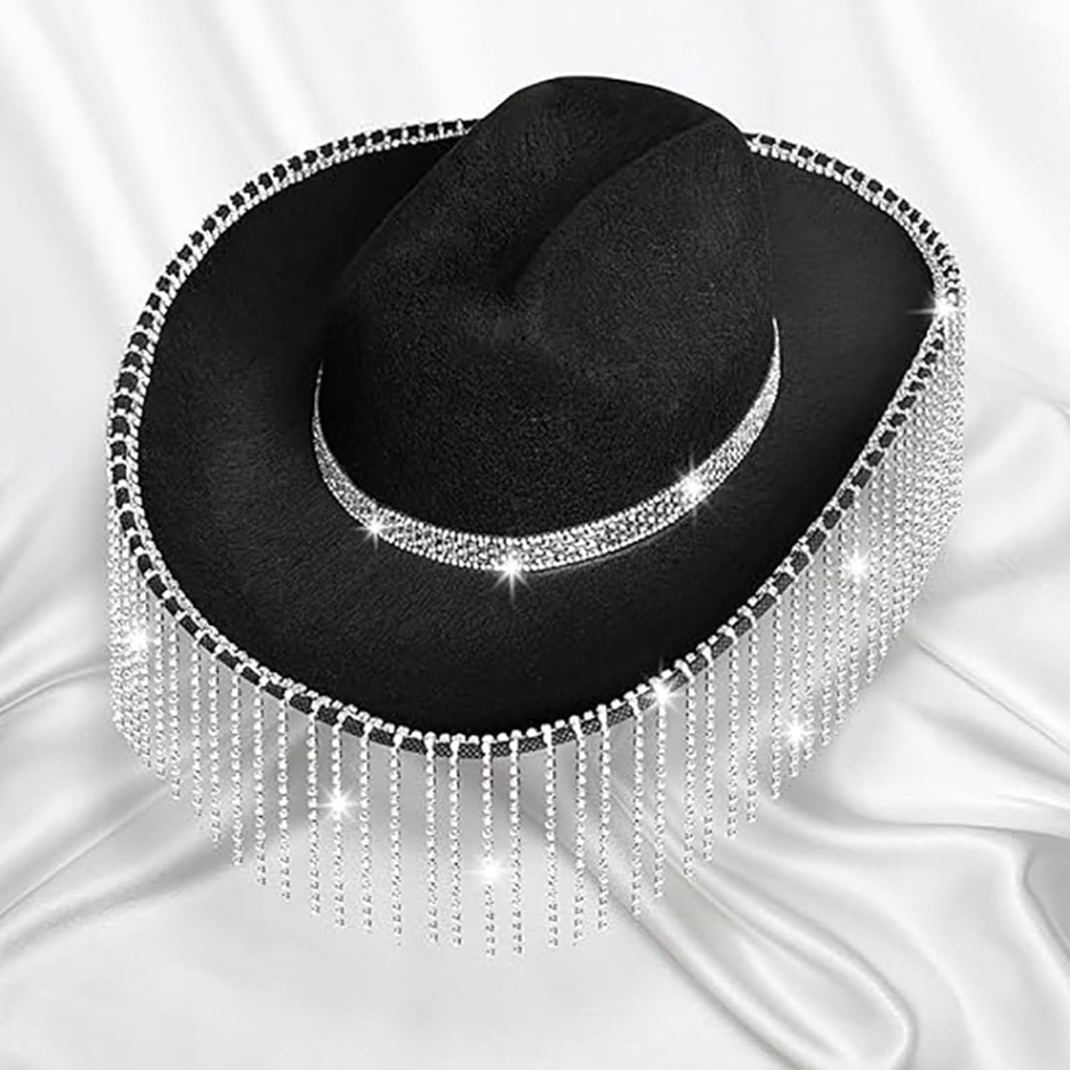 Ladies Rhinestone Cowgirl Hat Glitter Fringed Cowboy Hat Wide Brim Hat for Music Festival Party