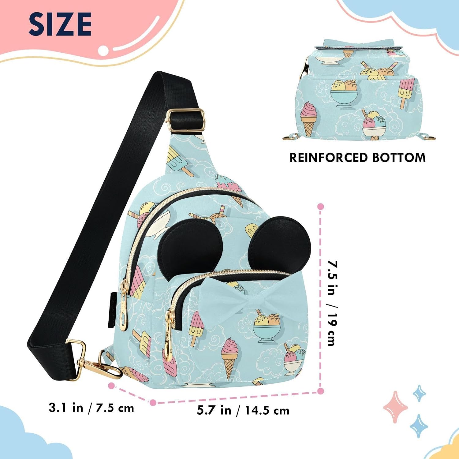 Ice Cream Kids Sling Bag for Girls, 3.1x7.5x5.7 In | Crossbody Fanny Pack, Toddler Purse, Cute Sling Belt Bag with Ears, 2L Small Shoulder Chest Bag for Travel