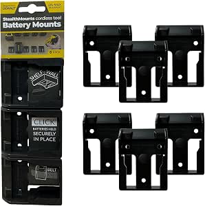 StealthMounts Battery Holder Compatible with DeWalt 20/60V Batteries (6 Pack) - Black Battery Mounts | Made in the UK