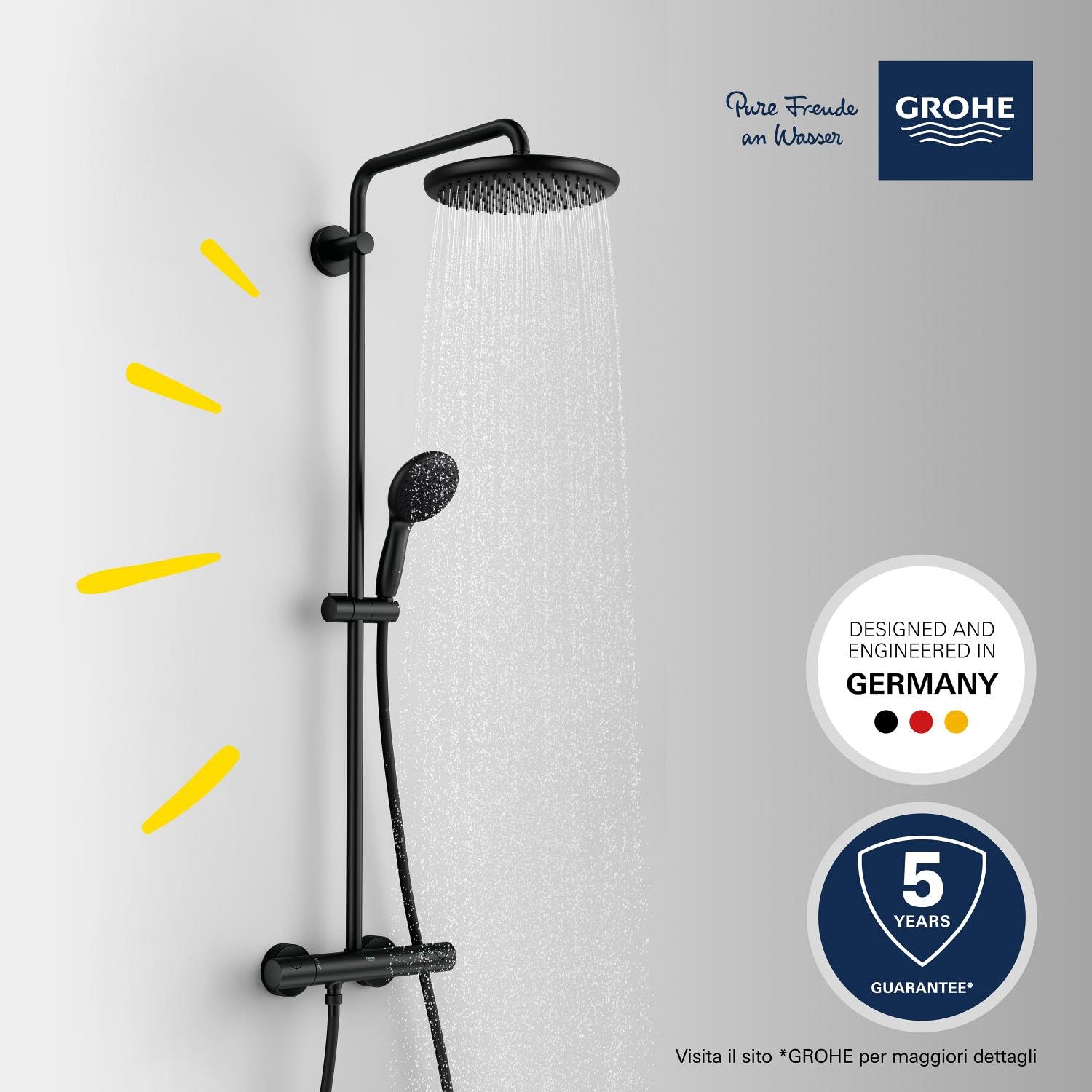 Grohe Vitalio Start System 250 - Colonna doccia con miscelatore termostatico, doccia a testa rotonda, 25 cm, 1 getto, doccetta rotonda 11 cm, 2 getti, flessibile 1,75 m, risparmio idrico, nero opaco,