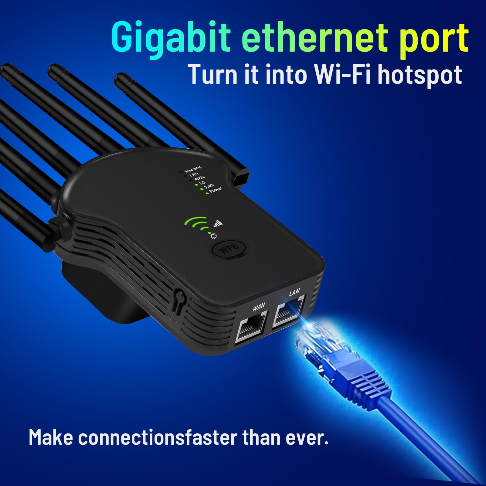 Repetidor WLAN de 1200 Mbit/s, doble banda, WiFi Booster con repetidor/enrutador/modo de punto de acceso, 4 antenas, fácil configuración, extensor de alcance WiFi con puerto LAN/WAN