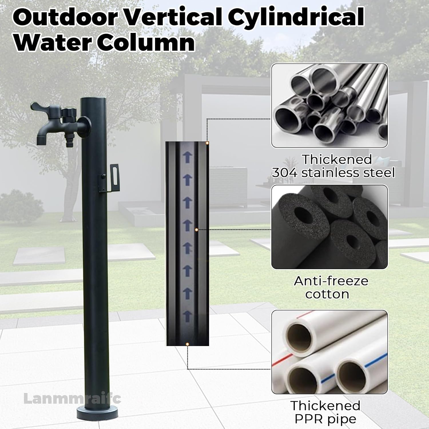 304 Stainless Steel Vertical Water Column Garden Water Tap, Freestanding Hose Stand Outside Faucet Post, Outdoor Decorative Yard Hydrant Fountain for Patio/Backyard (Black)(Height:60cm/23.6in)