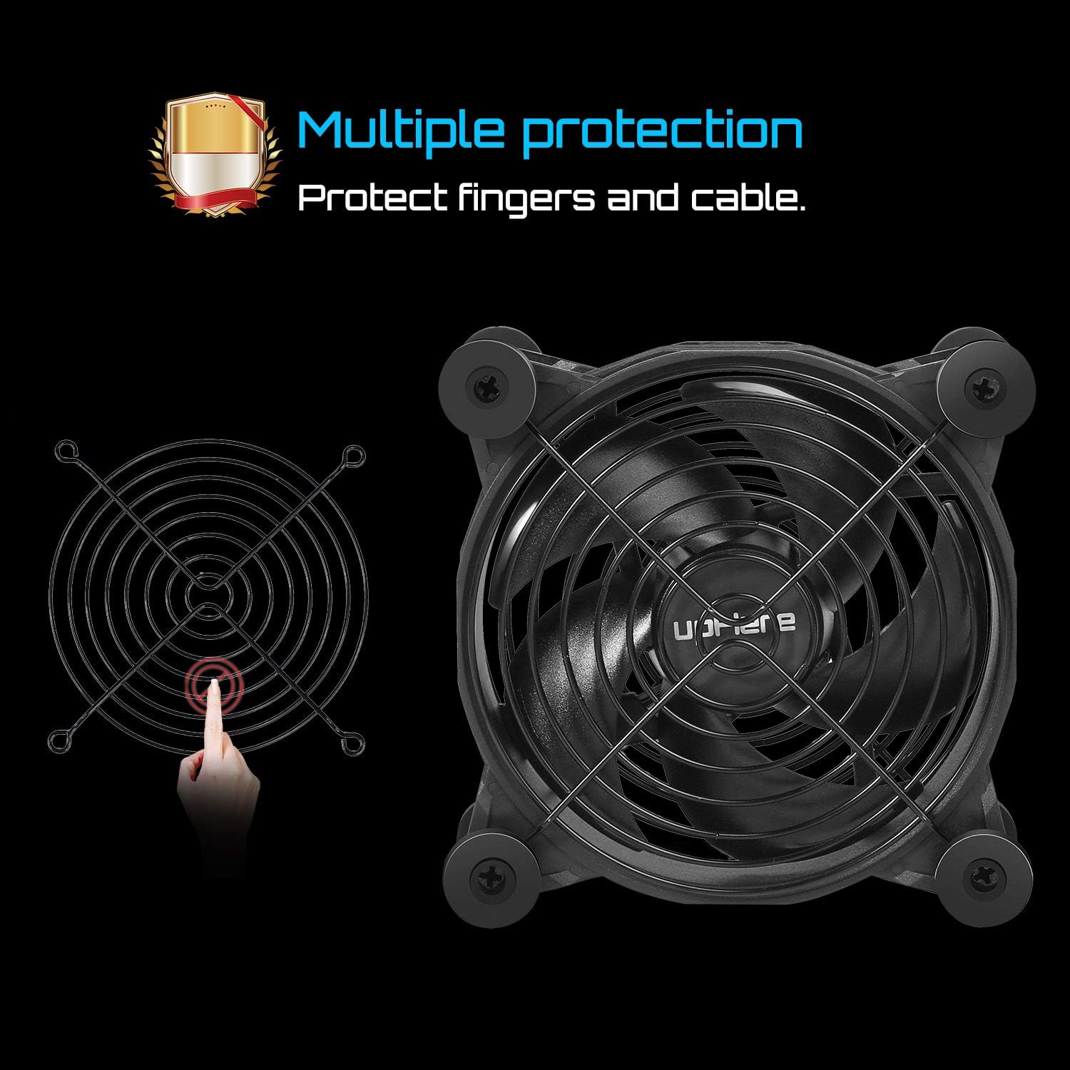 Illustration of the upHere U1204 fan cooling various electronic devices like an Xbox console.