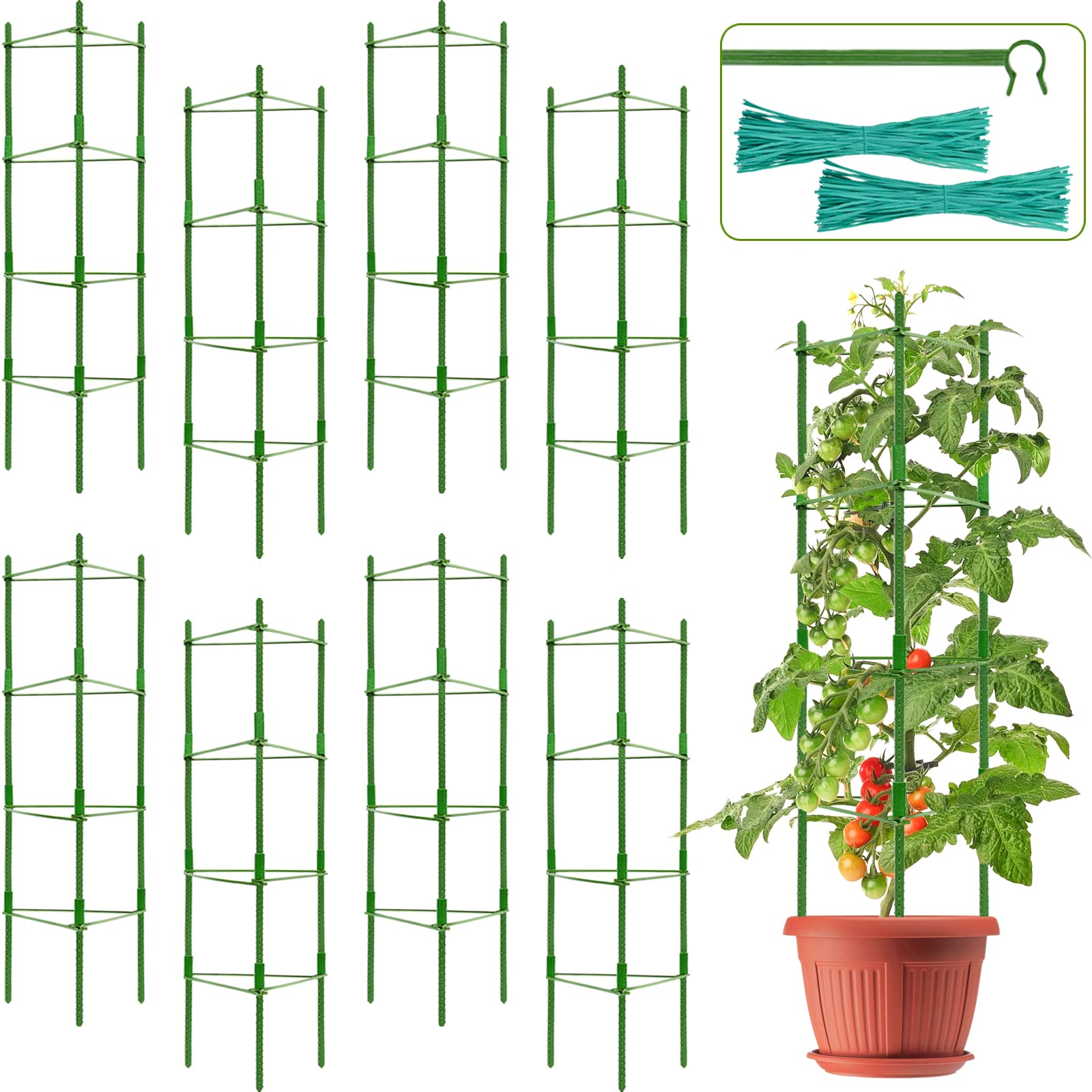 Halatool 8 Pack Tomato Cages for Garden,Up to 63in(5.2FT) Adjustable Tall Tomato Cage,Garden Stakes Tomato Trellis for Pots,Tomato Plant Support for Raised Garden Bed &Vegetables Flowers(Green)