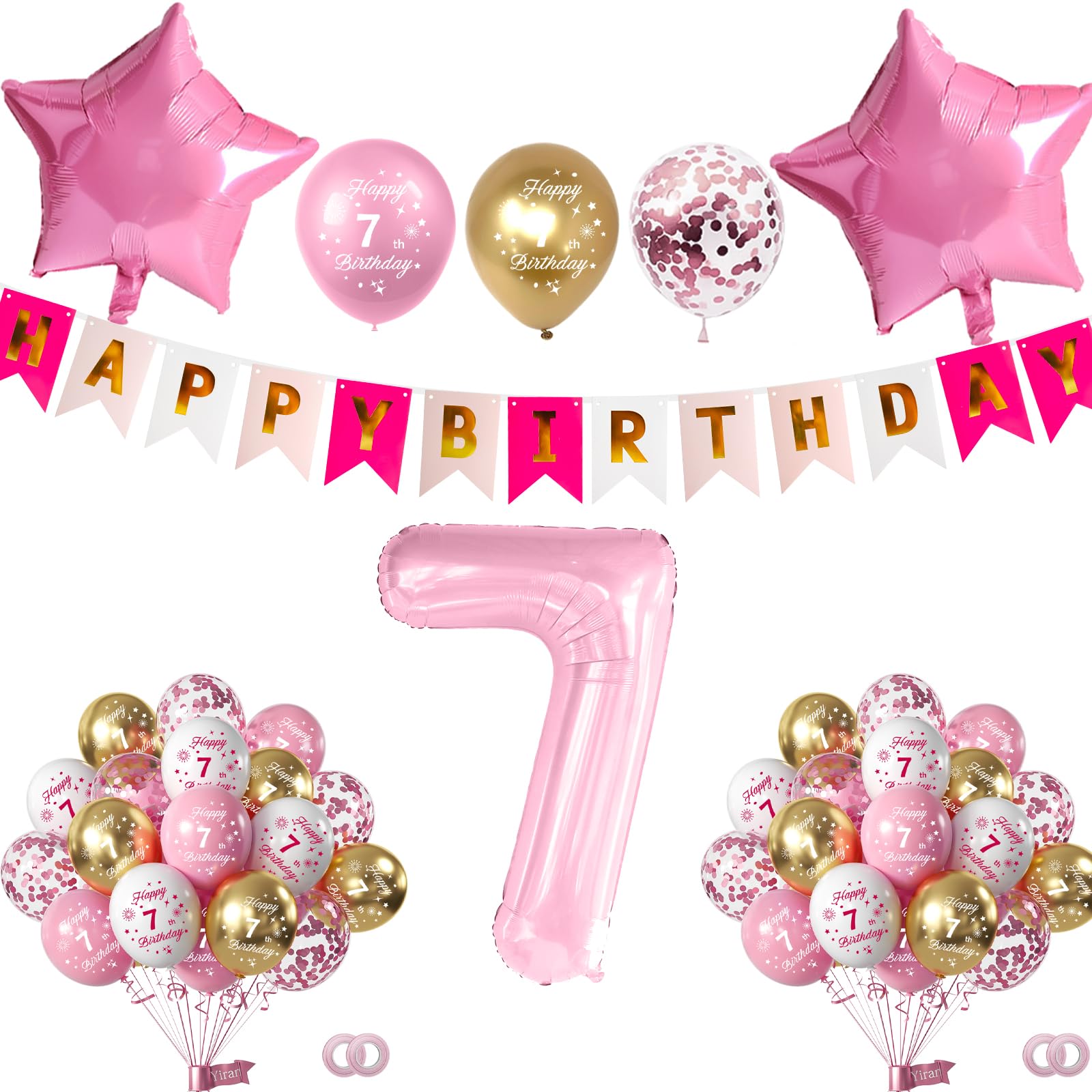 Pink 7th Birthday Decorations for Girls Including Happy Birthday Banner, Number 7 Foil Balloon, 2pcs Star Balloons and 16pcs Happy 7th Birthday