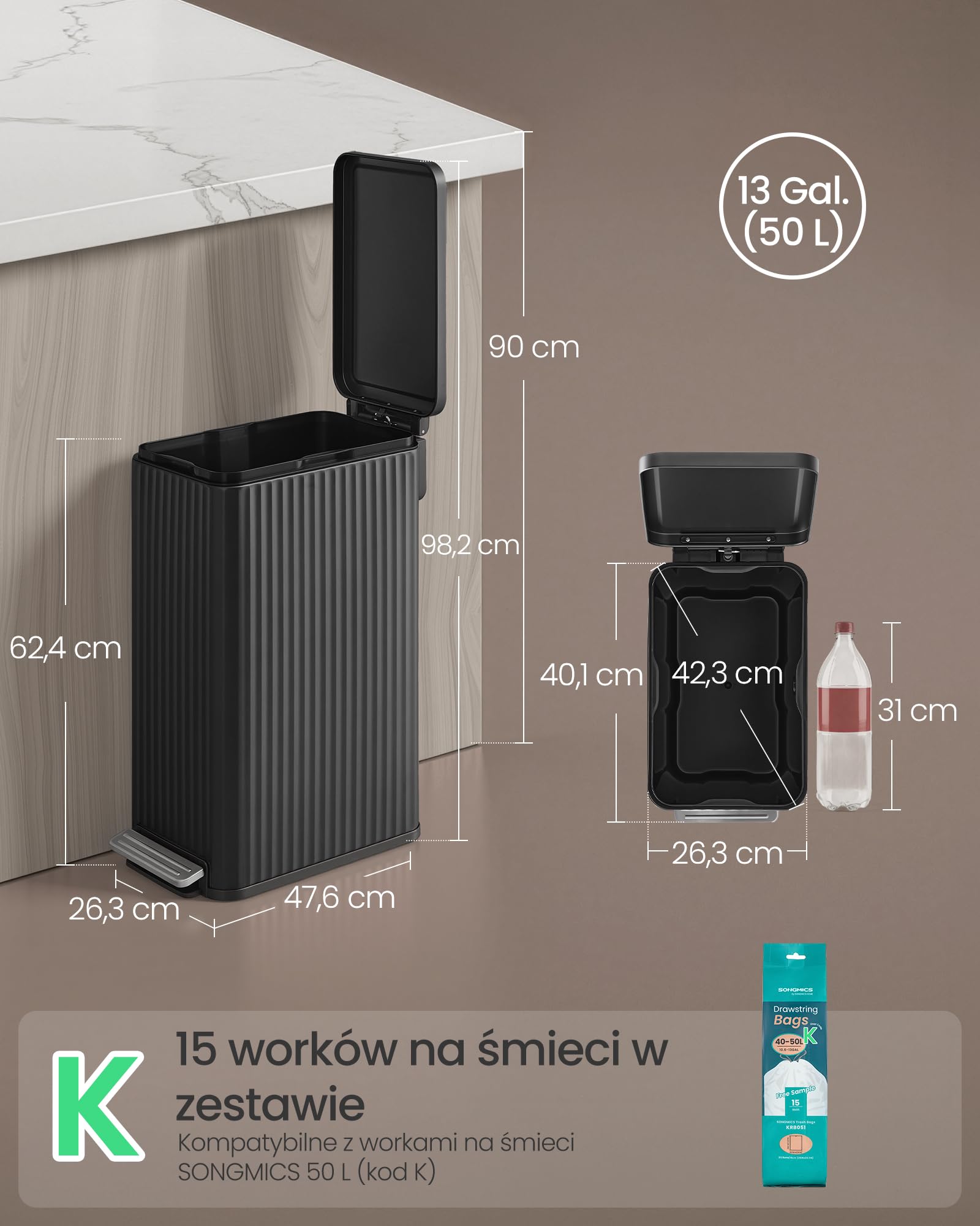 SONGMICS Kosz na śmieci do kuchni, 50 l, z pedałem i pokrywą, system cichego domykania, wyjmowany wkład, stalowy, w zestawie 15 worków na śmieci, kolor: atramentowa czerń (LTB350BZ02)