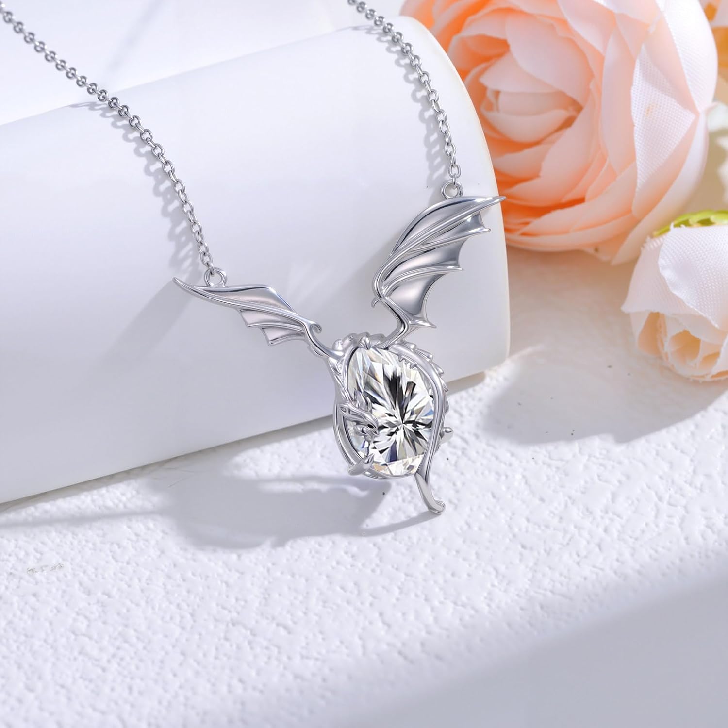 Dragon Necklace with Birthstone for Women 925 Sterling Silver Wyvern Dragon Pendant with Teardrop Birthstone Birthday Gift for Her - Image 2