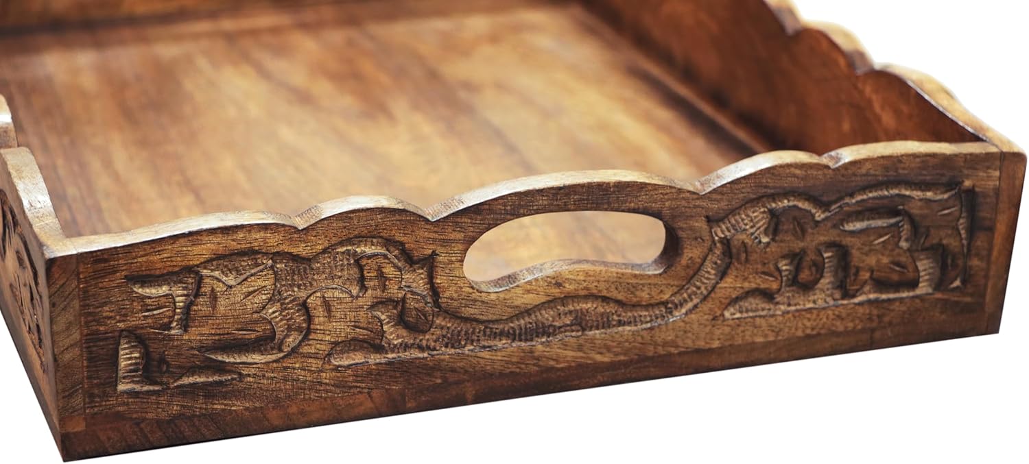 Hand Carved Wooden Serving Tray - Decorative Breakfast Tray with Handles - Rustic Wooden Food Tray with Intricate Detail - Unique Furnishing Accent - Natural Finish - 17 x 13 x 2.5 Inch - COTTON CRAFT - Image 5