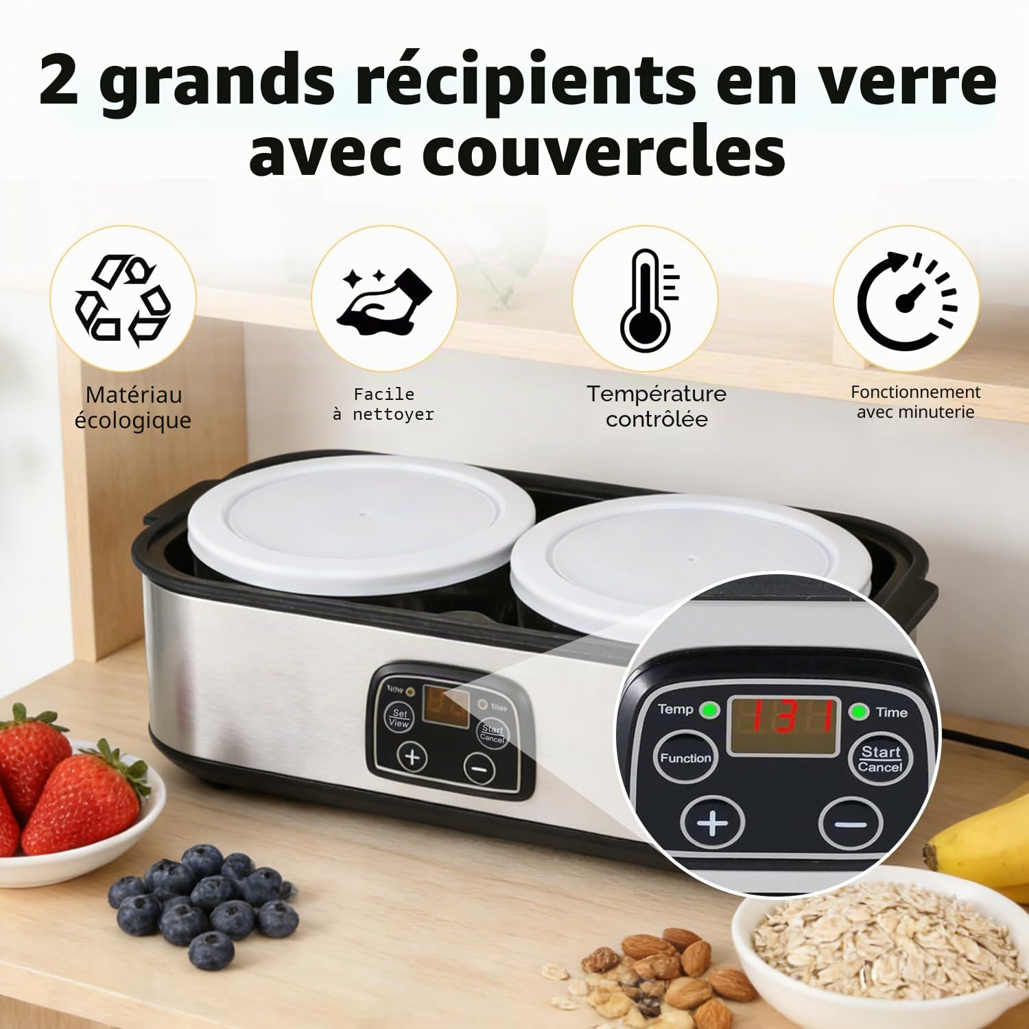 Yaourtière Automatique, 2L Machine à Yaourt Maison avec Affichage LED et 2 Récipients en Verre, Température et Minuterie, pour Préparation de Yaourts Bio, Produits Laitiers, Fromage, Natto