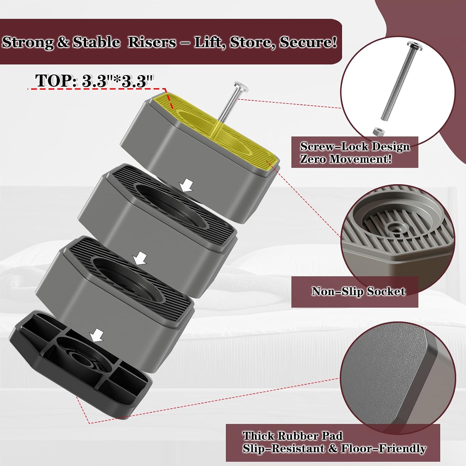 Anti Vibration Pads for Washing Machine, 1.8/3/4 Inch Washer Dryer Height Risers with Non-Slip Rubber Feet, Heavy Duty Anti Vibration Pads for Laundry Appliances(Grey 4 Pack, 1.8 inch)