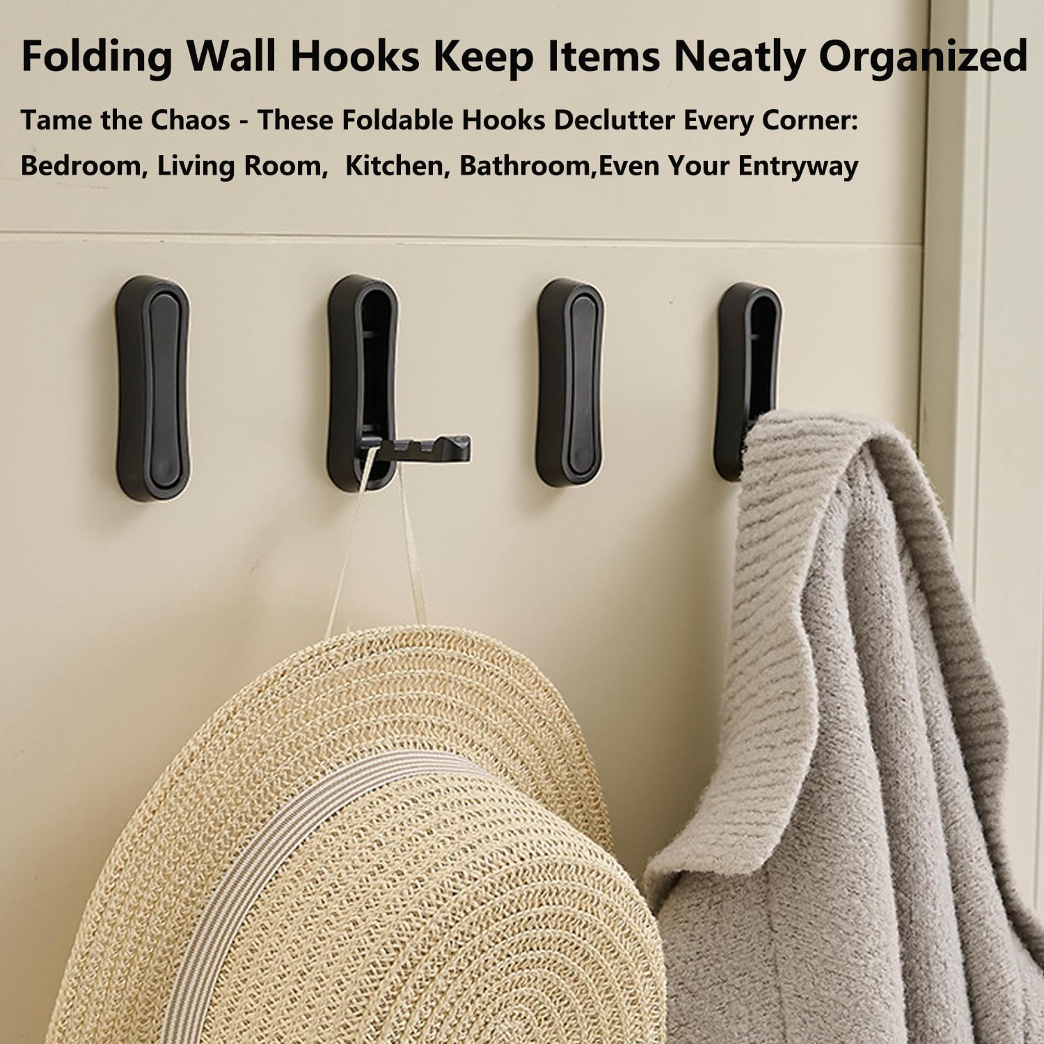 4PCS Foldable Wall Hook, Zinc Alloy Flip Down Hook with Screws, Heavy Duty Foldable Hook for Hanging Coat Clothes Towels Hat Bags (Black)