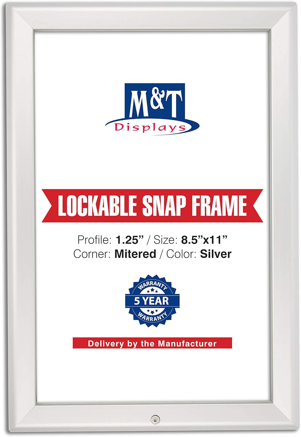 M&T Displays Lockable Snap Poster Frame 8.5x11 Inch Silver 1.25" Aluminum Profile Front Loading Wall Mounting Picture Photo Document Certificate Sign Holder Mitered Corner Anti Glare Cover