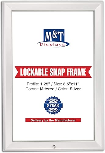 M&T Displays Marco de póster con cierre a presión de 8.5 x 11 pulgadas, color plateado, perfil de aluminio de 1.25 pulgadas, carga frontal, montaje