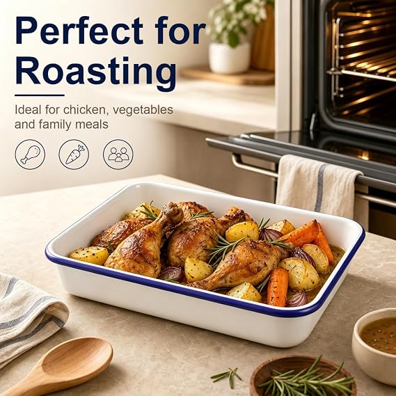Cabilock Enamel Baking Tray 13.76X9.63X2.55 Inch Multifunctional Food Baking Pan Nonstick Heat-Resistant Storage Pan for Home Kitchen Cooking and Serving