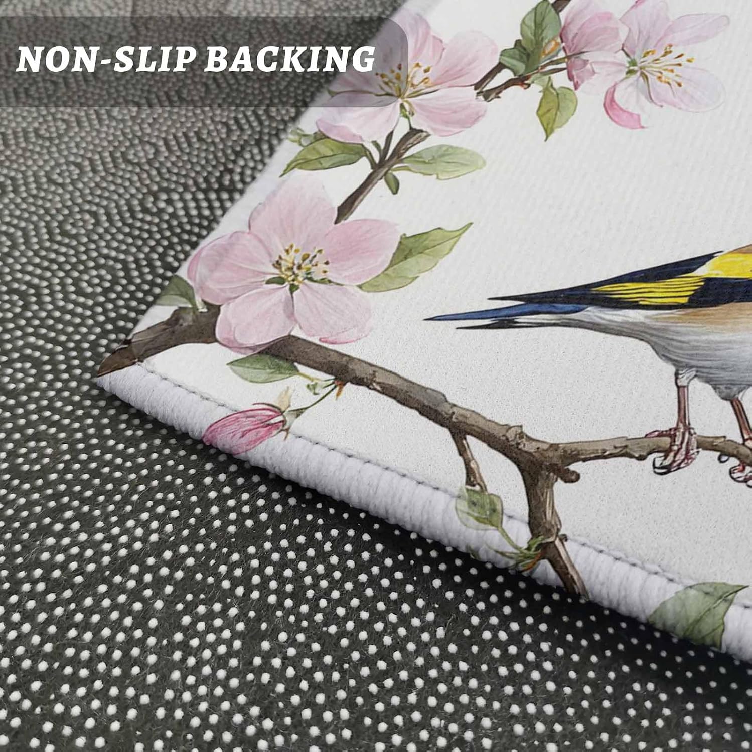 Kitchen Mats for Floor Spring Cherry Blossoms Gradient Washable Non Slip Kitchen Rugs 2PCS, Country Leaves Bird Absorbent Standing Mats for Sink Bathroom Office Living Room 15.7x23.6in+15.7x47.2in