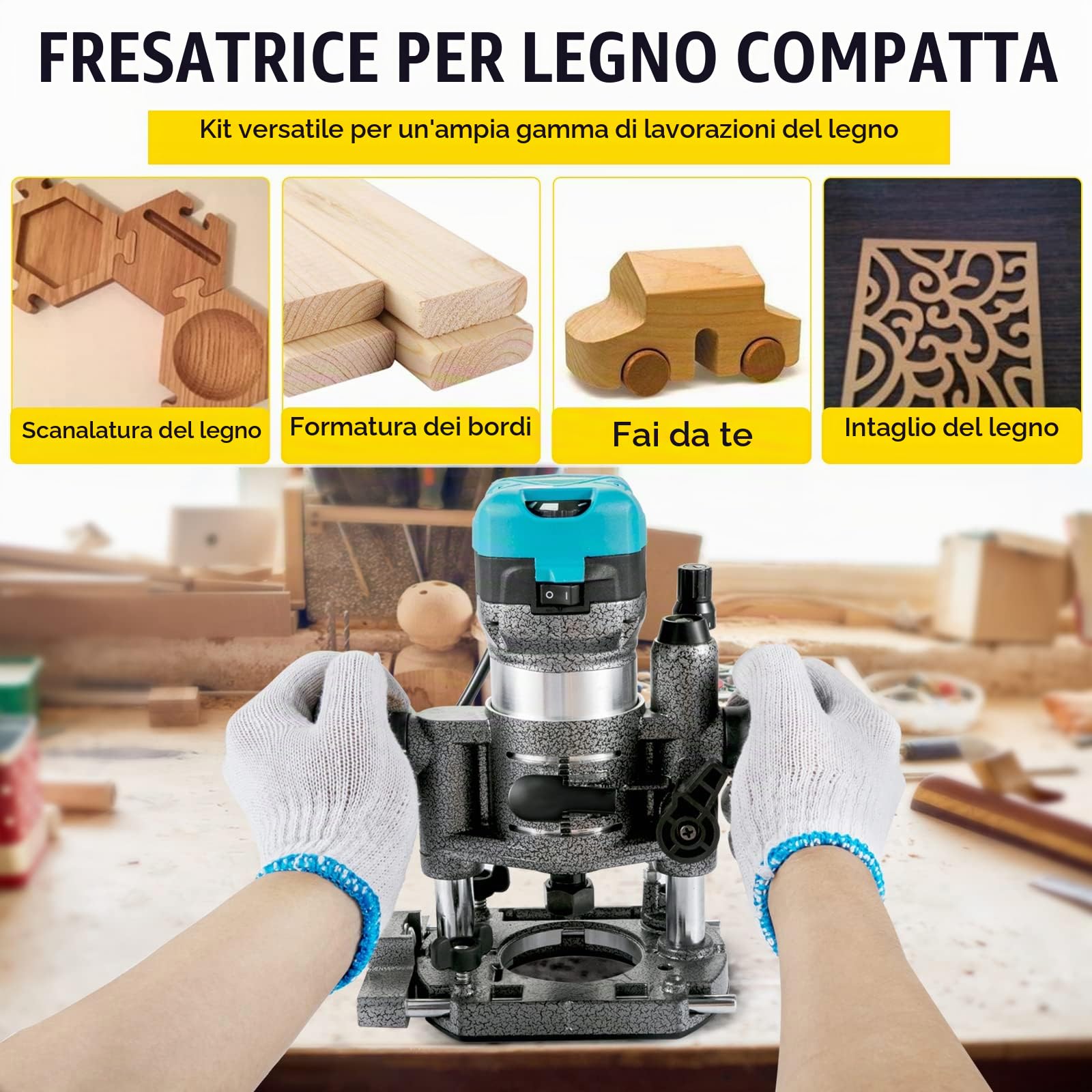 VEVOR Fresa per legno singola mano 33000 giri/min, base fissa, base di inclinazione, base sommergibile, base offset, 3 pinze da 6,35/6/8 mm, fresa da 6/8 mm, guida curva, lega di alluminio