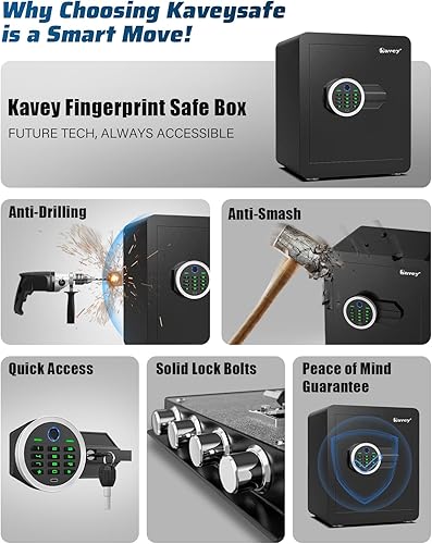 Miniatura 4 de Kavey Caja de seguridad biométrica de huellas dactilares de 2.0 cub, caja fuerte para el hogar con sistema de alarma doble, caja fuerte con función