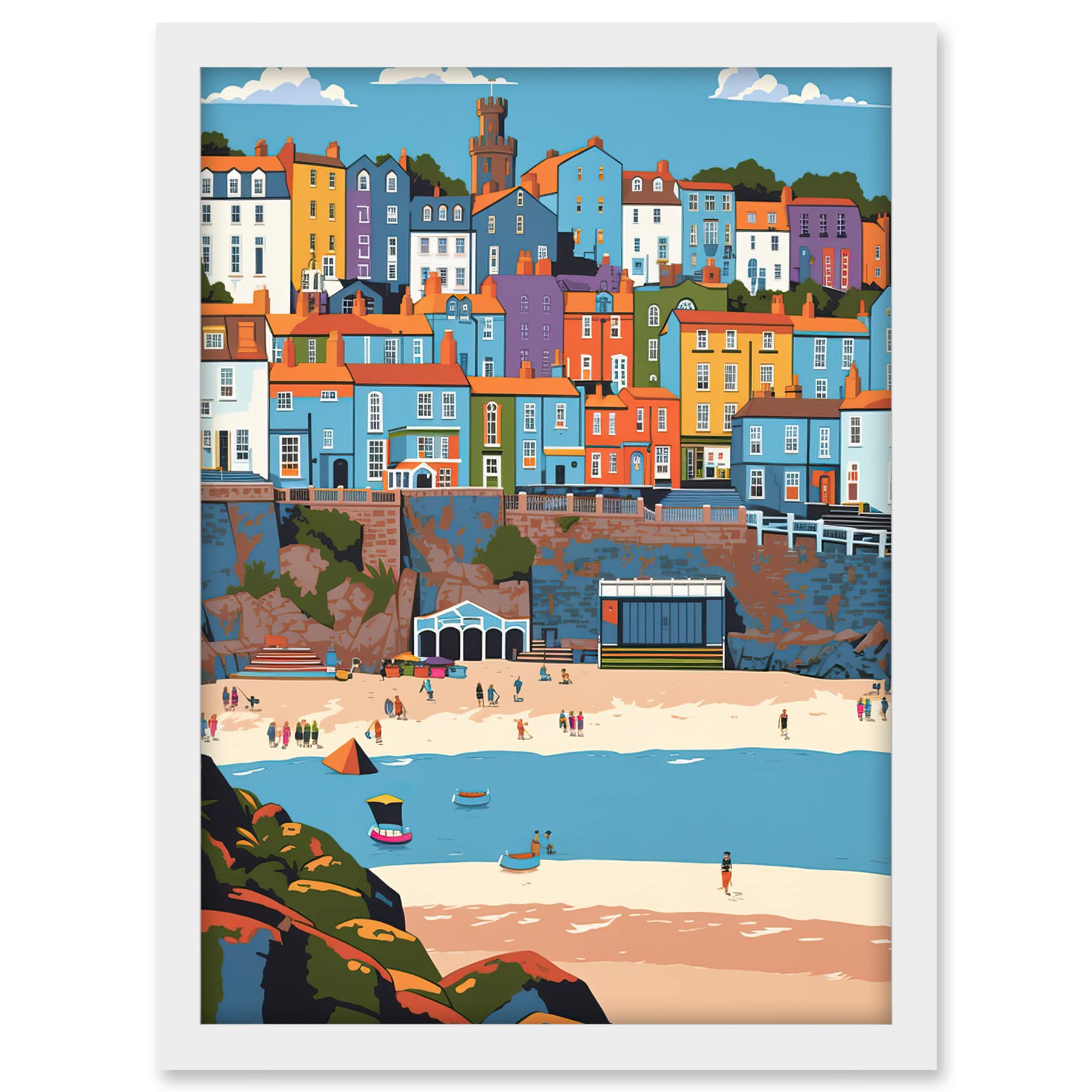Artery8 Tenby Castle Beach in Wales Colourful Townscape Artwork Framed A3 Wall Art Print